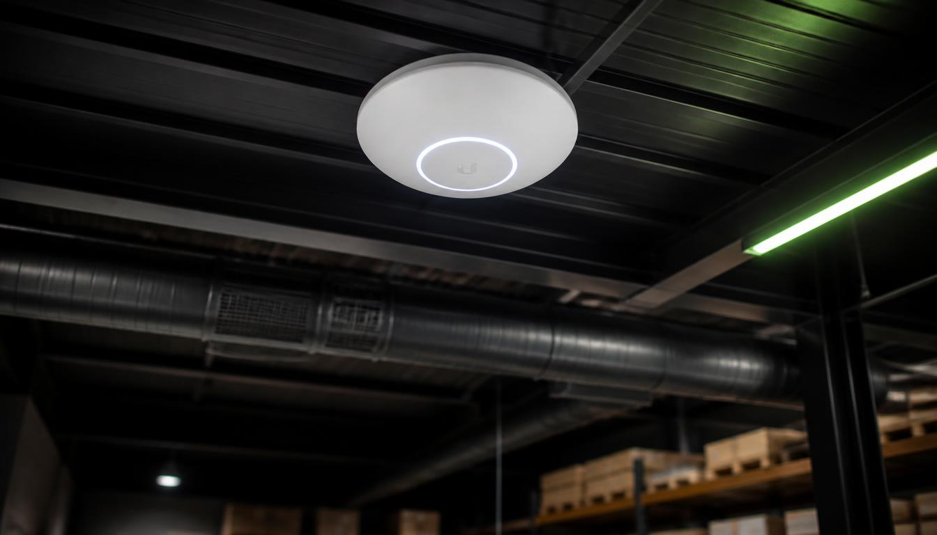 Ceiling-mounted enterprise Wi-Fi access point in a warehouse
