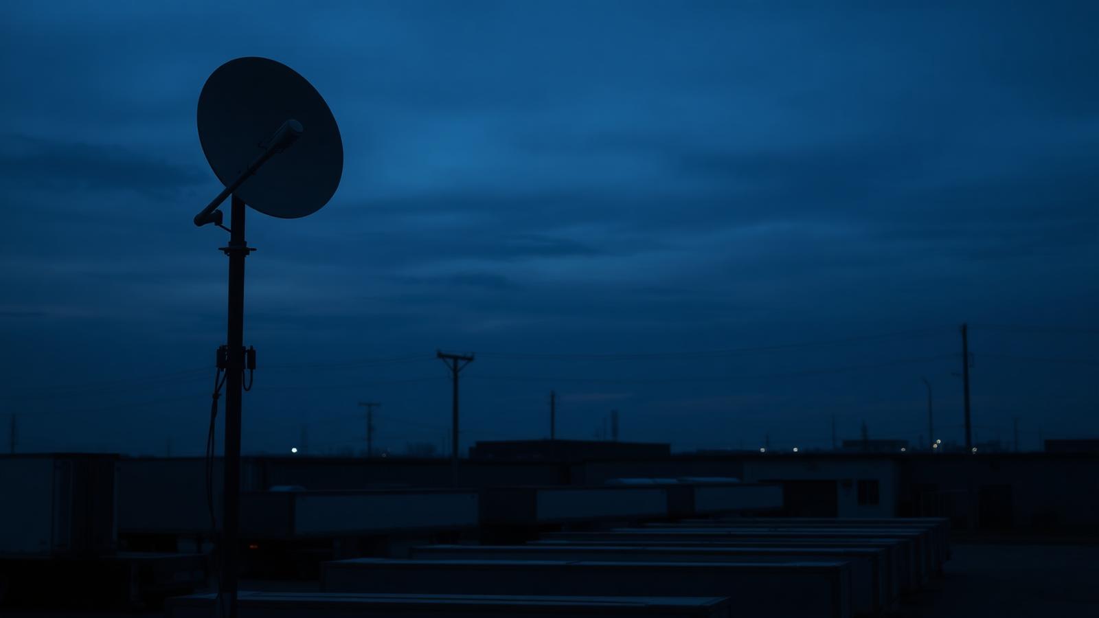 Point-to-point wireless antenna on a pole above a truckyard at dusk