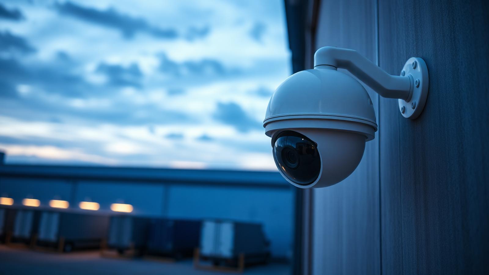 Exterior dome IP security camera mounted on a warehouse wall at dusk
