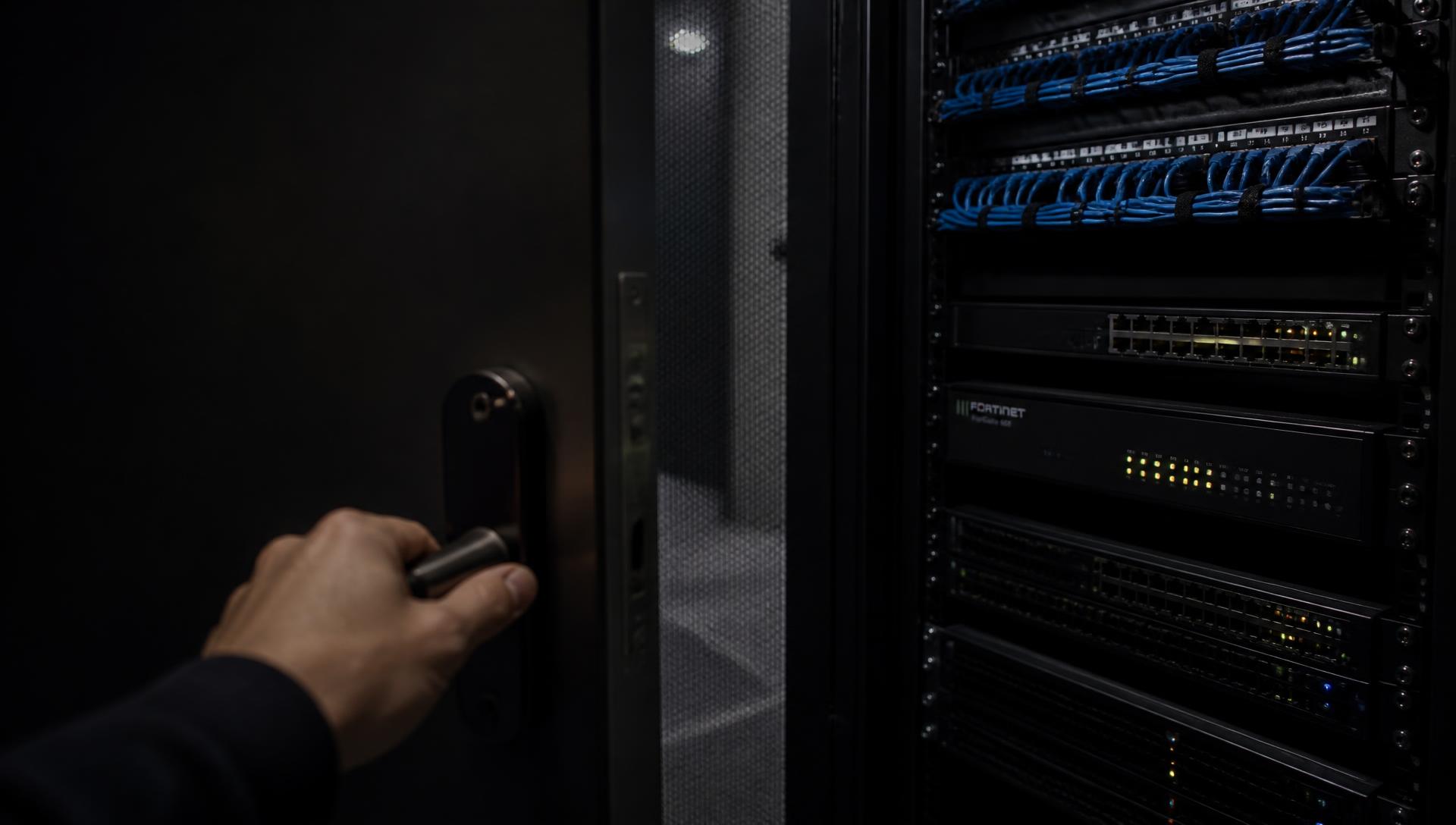 Technician opening a data closet door beside a live rack of switches, patch panels and a firewall