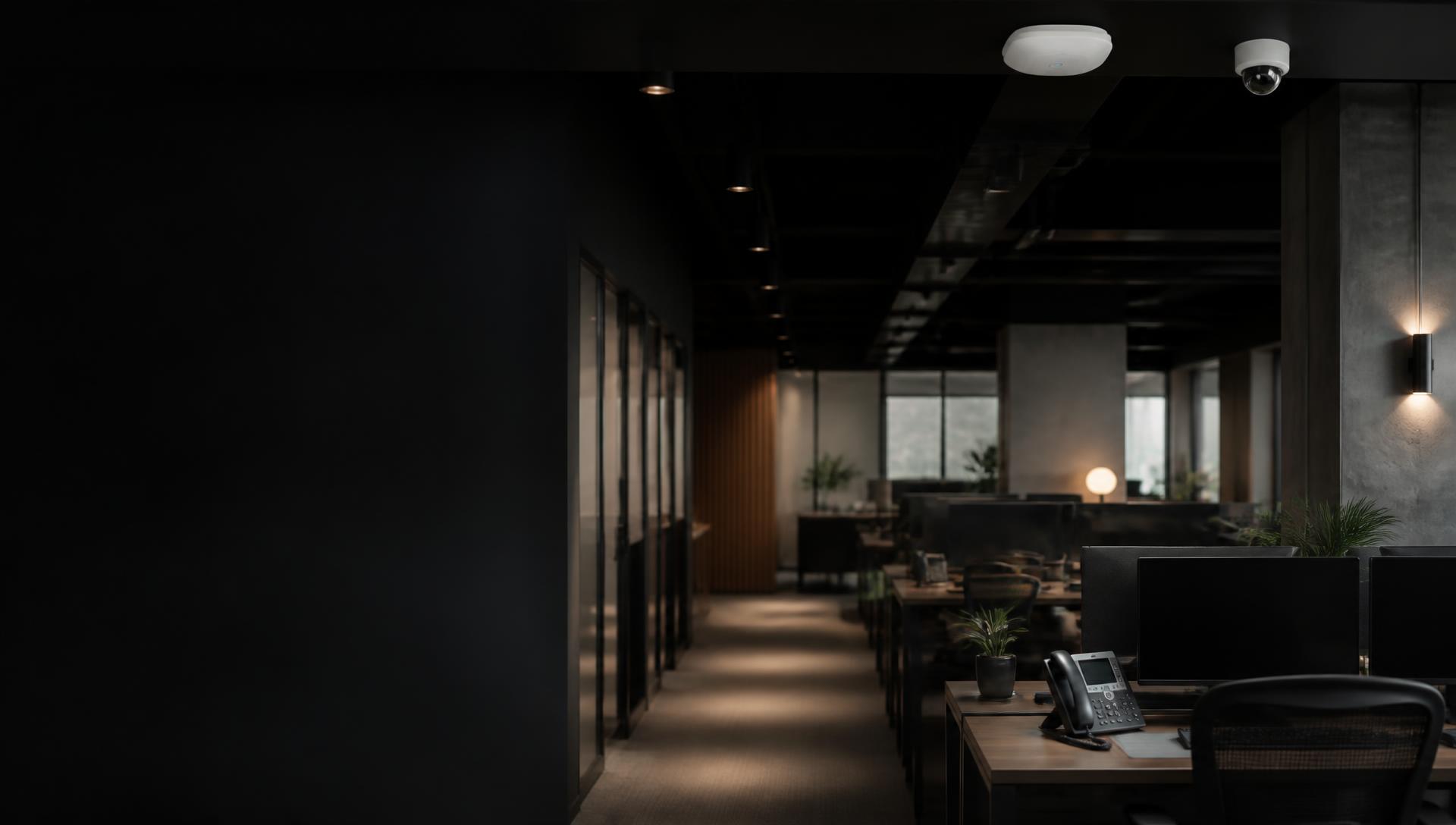 Open-plan office with computers, VoIP desk phones, a ceiling wireless access point and a dome camera