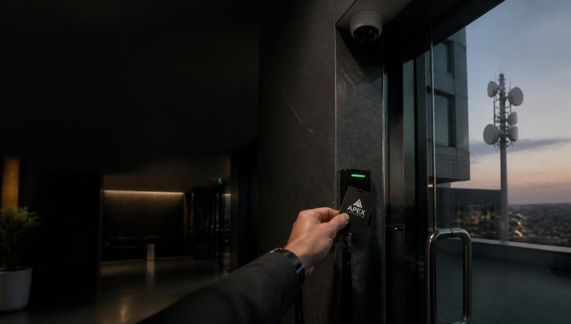 Hand presenting a badge to a card reader by a glass exit door, with a rooftop wireless antenna outside